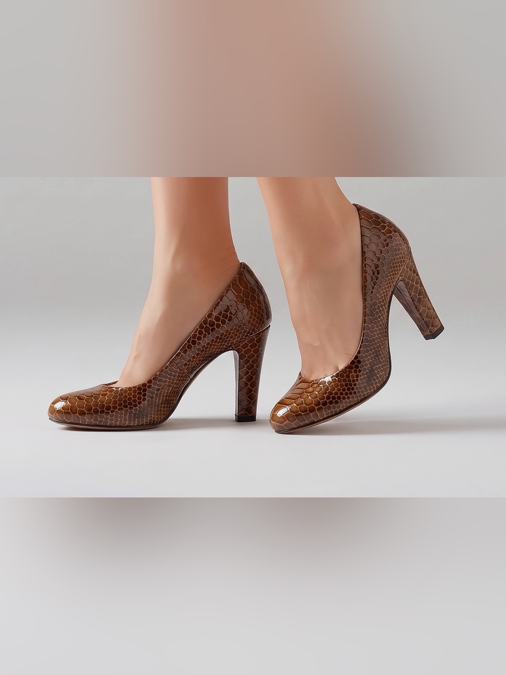 AGL Brown Patent Leather Snakeskin-Pattern Block Heel Pumps | Made in Italy